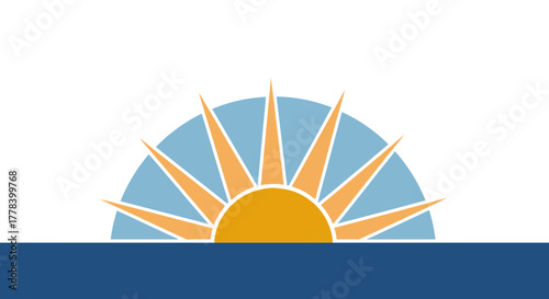 Stylized Sun Rising Over Horizon Vector Illustration.