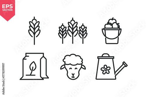 Set of line icons related to wheat, crop, sheep, watering can, seeds. Outline icons collection. Editable stroke. Vector illustration