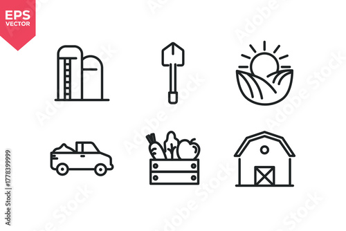 Set of line icons related to grain, shovel, field, crop, pickup, barn. Outline icons collection. Editable stroke. Vector illustration