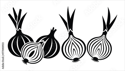 Black and white graphic illustration of whole and halved onions with green sprouts food