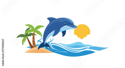 Blue dolphin gracefully leaping above tropical ocean waves near a sandy island with palm trees under a bright sun, symbolizing marine life and summer vacation.