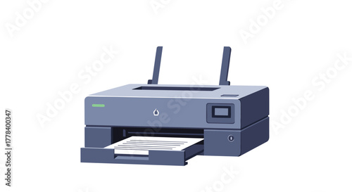 A sleek, modern printer is actively printing documents, with paper emerging from its output tray on a white background.