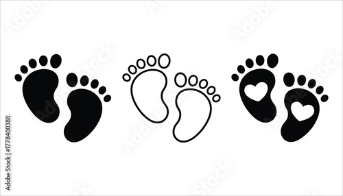 Three styles of black baby footprints with toes and one set featuring a heart cutout on white background