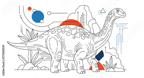 A conceptual illustration blending prehistoric nature with modern technology, featuring a sauropod dinosaur amidst digital and geometric elements.