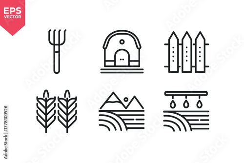 Set of line icons related to hay fork, farm house, fence, wheat, farm field, drip irrigation. Outline icons collection. Editable stroke. Vector illustration