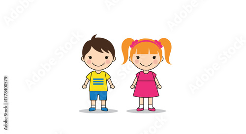 A happy cartoon boy and girl stand together, smiling brightly on a plain white background, symbolizing childhood innocence and friendship.