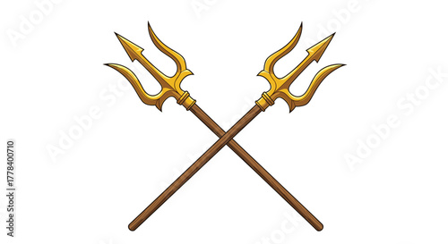 Two golden tridents with brown wooden shafts are crossed against a white background, symbolizing power, authority, and mythological strength.