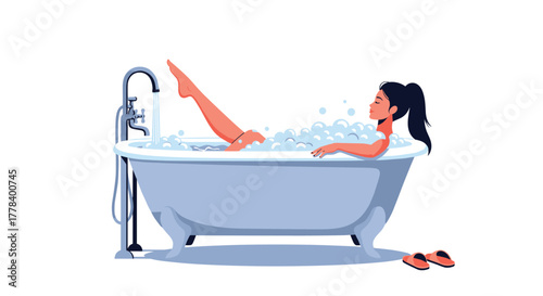 A young woman unwinds in a serene bubble bath, stretching out her leg in a vintage clawfoot tub, signifying self-care and relaxation.