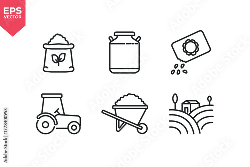 Set of line icons related to wheel barrow, tractor, fertilizer, hay bale. Outline icons collection. Editable stroke. Vector illustration
