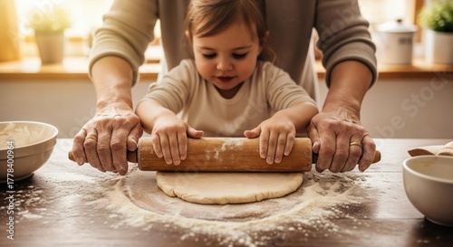 Close-up of a grandmother and her young granddaughter baking together in a sunlit kitchen, rolling out dough with a wooden pin on a flour-dusted table.