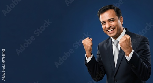 Happy Indian businessman in a dark suit celebrating success with a triumphant gesture against a blue background.