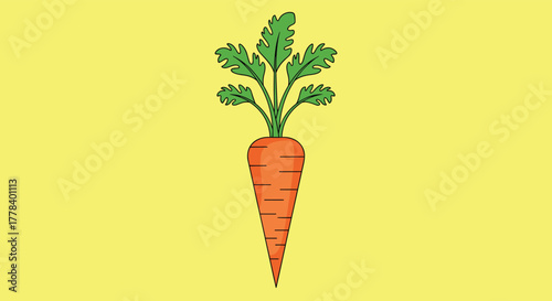 A cartoon illustration of a fresh orange carrot with green leafy tops, depicted vertically on a bright yellow background.