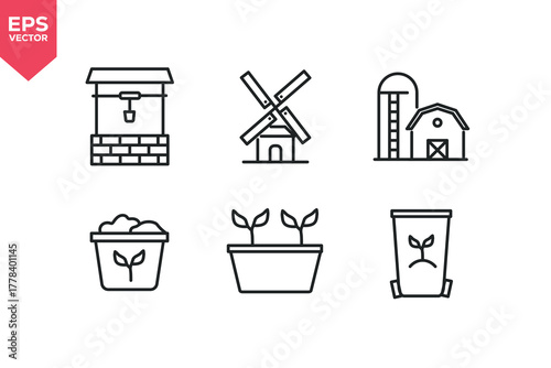 Set of line icons related to water hole, windmill, barn, plant, organic waste. Outline icons collection. Editable stroke. Vector illustration