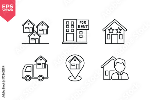 Set of line icons related to for rent, neighborhood, rating, moving house, location, real estate agency. Outline icons collection. Editable stroke. Vector illustration