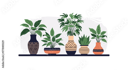 Stylish green indoor plants in colorful, patterned pots on a minimalist shelf, perfect for modern home decor.
