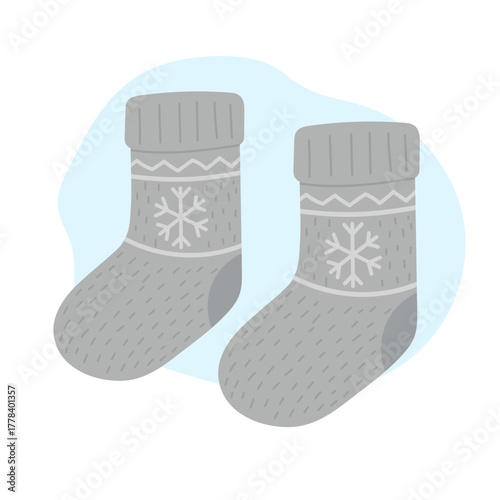 Gray winter socks with snowflake pattern, socks bringing warmth and coziness to cold days, socks design reflecting comfort, simplicity, and hygge lifestyle