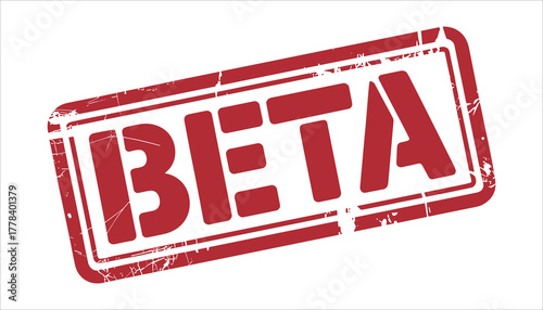 Red B E T A stamp with distressed texture and white background beta grunge