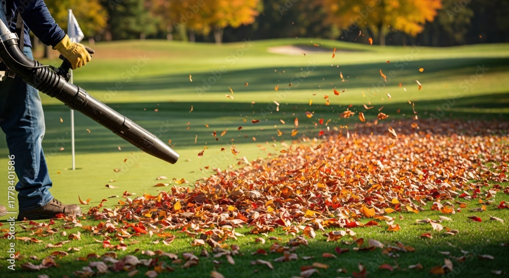 Naklejka premium Autumn Lawn Care: Male Worker Using Leaf Blower to Clear Leaves from Golf Course Green