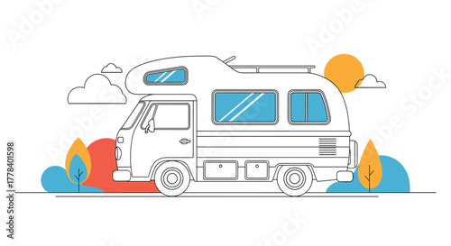 A charming minimalist outline illustration of a camper van or motorhome parked outdoors with abstract colorful shapes representing nature and the open road.