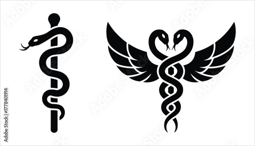 Black Caduceus and Asclepius symbols with snakes and wings on white background medical health