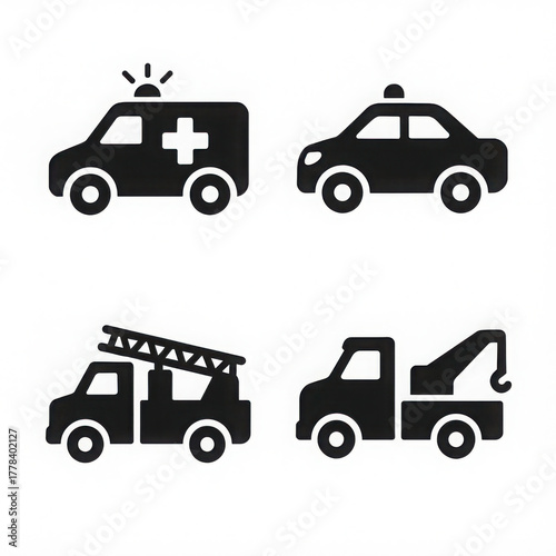 Silhouette icons of emergency and service vehicles including ambulance, police car, fire truck, and tow truck