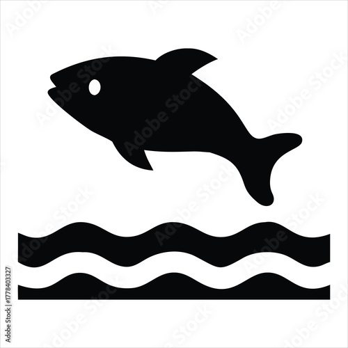 Silhouette of a leaping fish emerging from stylized wavy water in a simple graphic illustration
