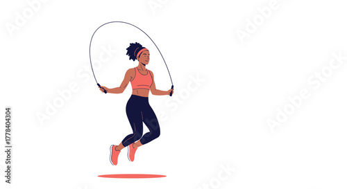 A happy young Black woman with a headband and athletic clothes enthusiastically jumping rope as part of her fitness routine.