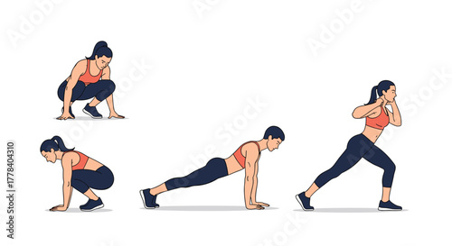 A woman demonstrates a full-body workout sequence featuring squats, plank, and lunges for health and fitness training.