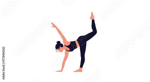 An illustrated woman in activewear performs a challenging yoga balancing pose, such as Half Moon Pose, demonstrating strength and flexibility.