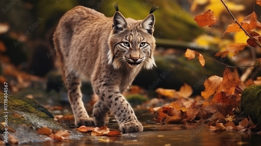 Obraz premium A majestic lynx with striking facial features walks through a vibrant autumn forest with fallen leaves.