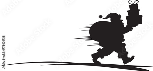 Black silhouette of Santa Claus running with gifts and sack
