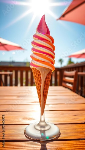 A vibrant ice cream cone melting in the sun on a wooden table, evoking sweet summer treats,  dessert,  treat