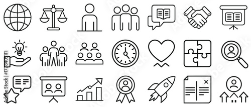 Business icons idea teamwork, meeting, workspace growth concept line art simple icons representing business concepts vector