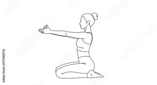 Young woman in activewear kneeling, extending her arms forward with hands in a mudra, practicing yoga or meditation.