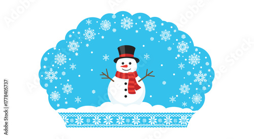 A cheerful snowman wearing a top hat and red scarf smiles in a snowy winter scene with falling snowflakes, framed by a festive border.