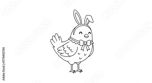 Adorable cartoon baby chicken wearing a bunny ears headband and a decorative bow tie, presented as a black and white outline for coloring.