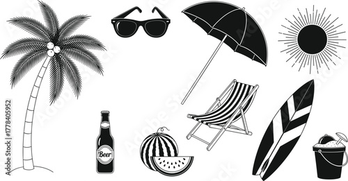 Beach and summer silhouette icons with palm tree, sun, surfboard, umbrella, chair, beer, watermelon and sand bucket vector design