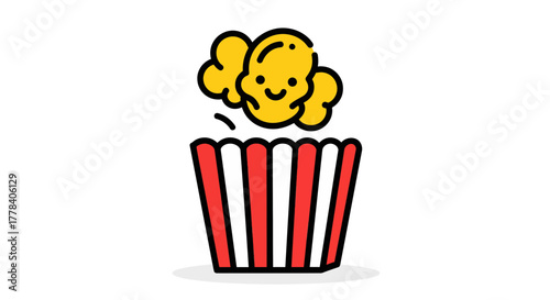 A happy smiling popcorn kernel popping out of a classic red and white striped container icon