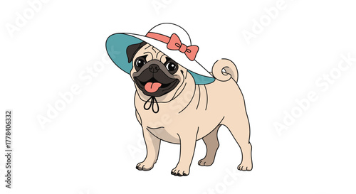 An adorable pug dog with a happy expression wearing a stylish white and blue sun hat with a pink bow, standing and looking forward.