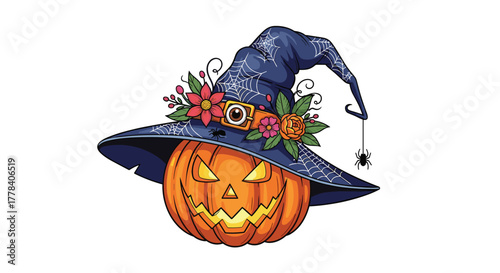 A vibrant Halloween jack-o'-lantern wearing an ornate blue witch hat, decorated with colorful flowers, spiderwebs, and a dangling spider.