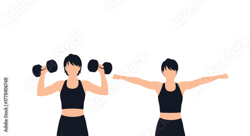 Young woman demonstrating different upper body exercises, including dumbbell presses and arm raises, as part of a workout routine.