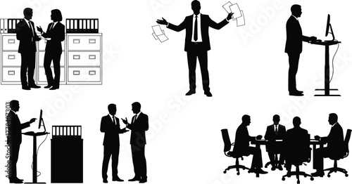 Black Silhouettes of Business Professionals in Office Activities – Meeting, Presenting, Working, Discussing, and Collaborating in Vector Clipart Style