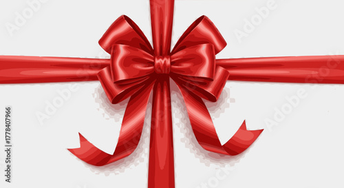 Highly realistic vector illustration of a luxurious, shiny red satin ribbon tied in a perfect centerpiece gift bow with vertical and horizontal wrapping, ideal for holiday presents, greeting cards, an