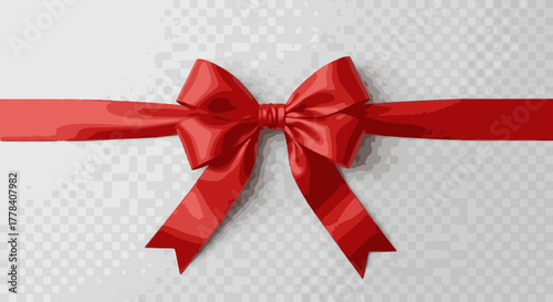 A highly detailed, photorealistic vector illustration of a luxurious, bright red satin ribbon tied in a classic horizontal bow knot, perfect for gift wrapping, Christmas, Valentine's Day, and birthday