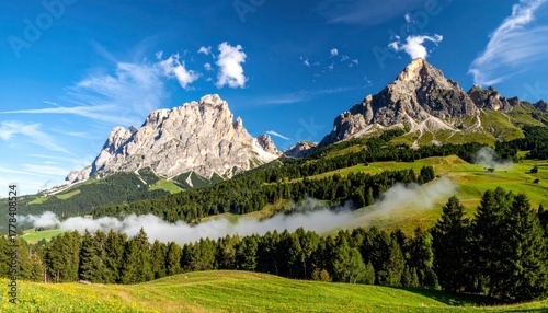 Fototapeta Naklejka Na Ścianę i Meble -  Majestic Dolomites Peaks - A Breathtaking Landscape of Green Meadows and Rocky Mountains.