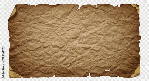A highly detailed, photorealistic vector illustration of a vintage, crumpled, blank brown parchment paper texture with distressed, torn edges and curled corners, perfect for a treasure map or old scro