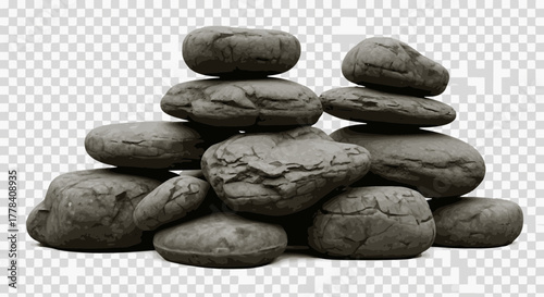 Realistic vector illustration of a pile of stacked grey river stones or pebbles, showing natural texture and detail. Ideal nature, zen, massage, or foundation graphic. Transparent background