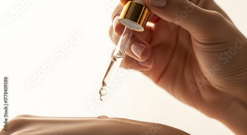 Woman applying serum from dropper onto hand for skincare routine in soft light
