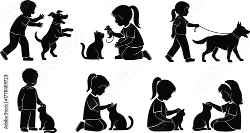 Black Silhouettes of Children with Pets – Playing, Walking, and Petting Dogs and Cats – Vector Clipart for Companionship Themes