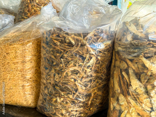 dry fish in plastic bag for sale in local market of mudigere, south india